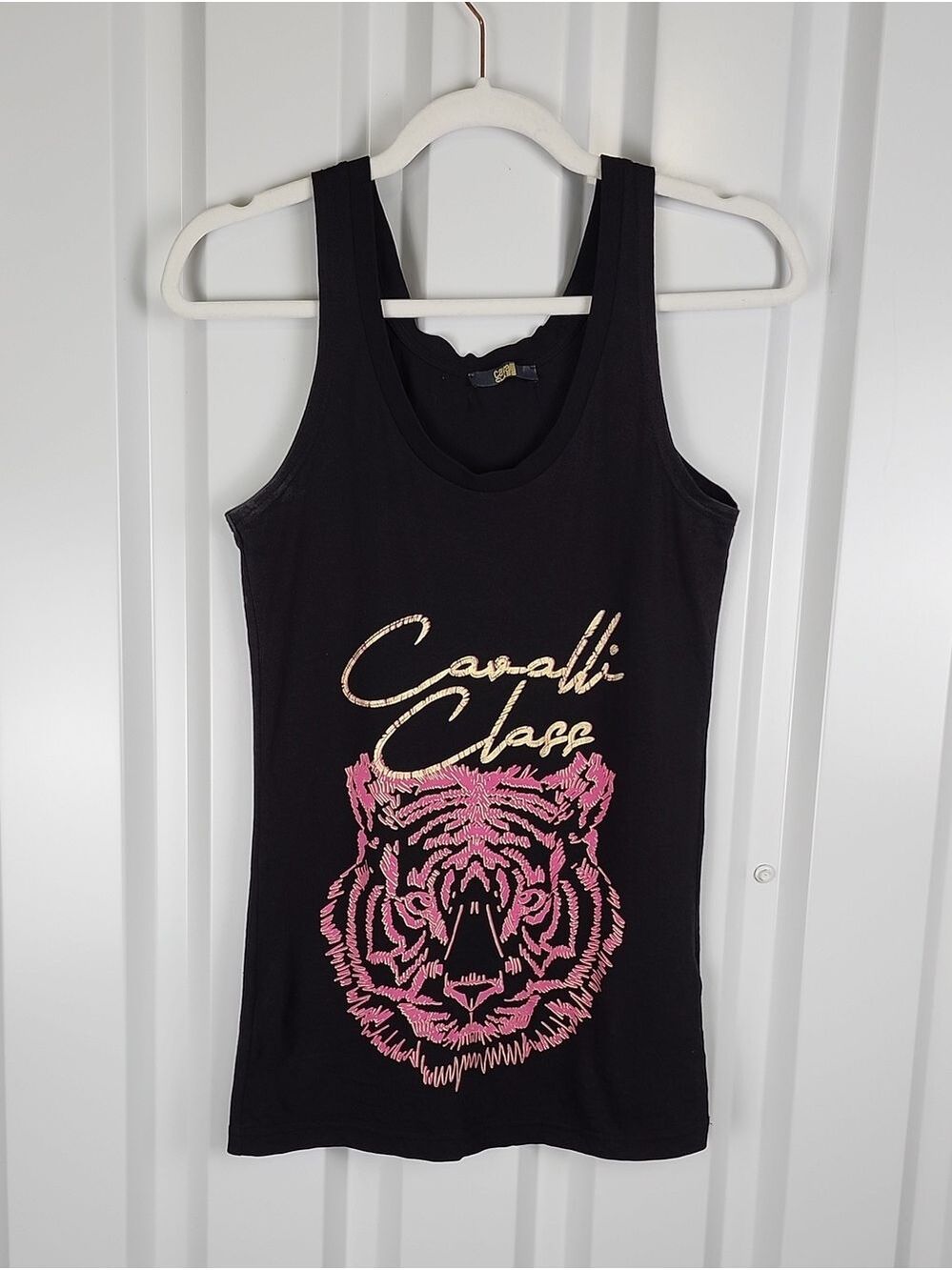 Cavalli Class Black Tank Top Pink Tiger Gold Logo Small Edgy Statement Casual